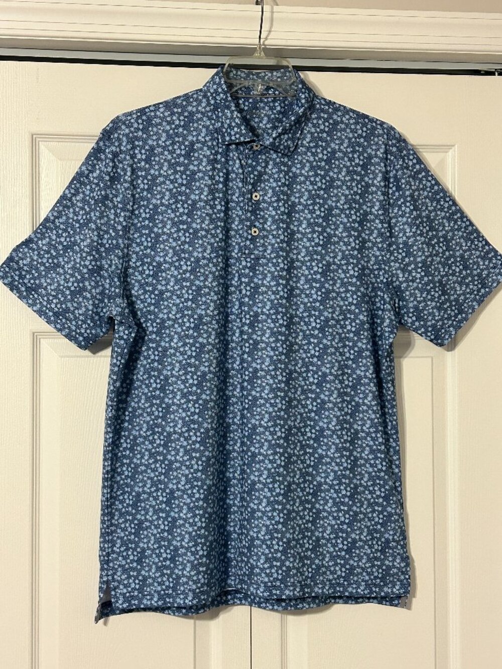 Mens JOHNNIE-O Sz L Blue Floral UPF 50 Polo Golf Shirt Top